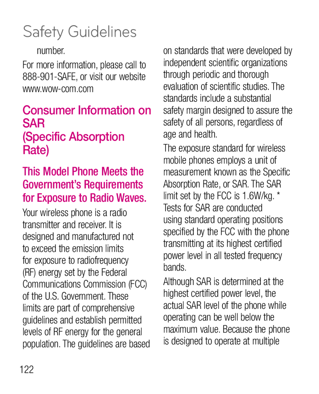 LG Electronics P925G manual Specific Absorption Rate, Number, 122 