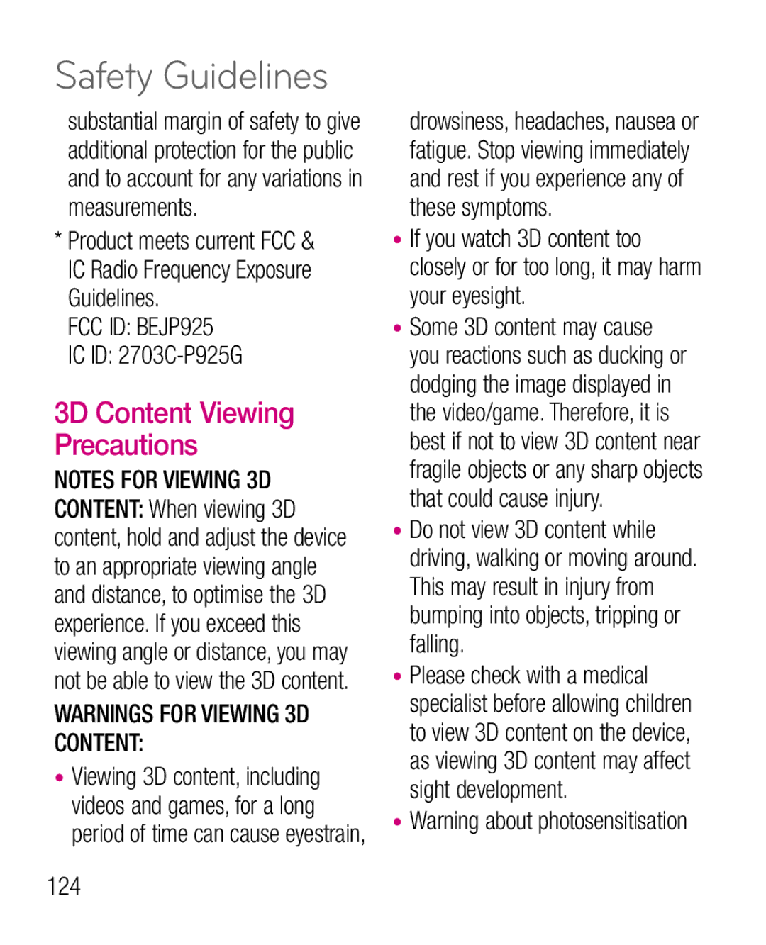 LG Electronics manual IC ID 2703C-P925G, 3D Content Viewing Precautions, 124 