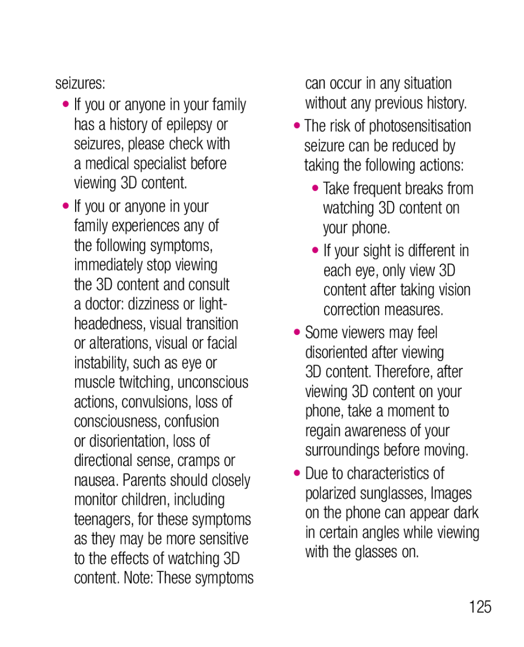 LG Electronics P925G manual Seizures, 125 