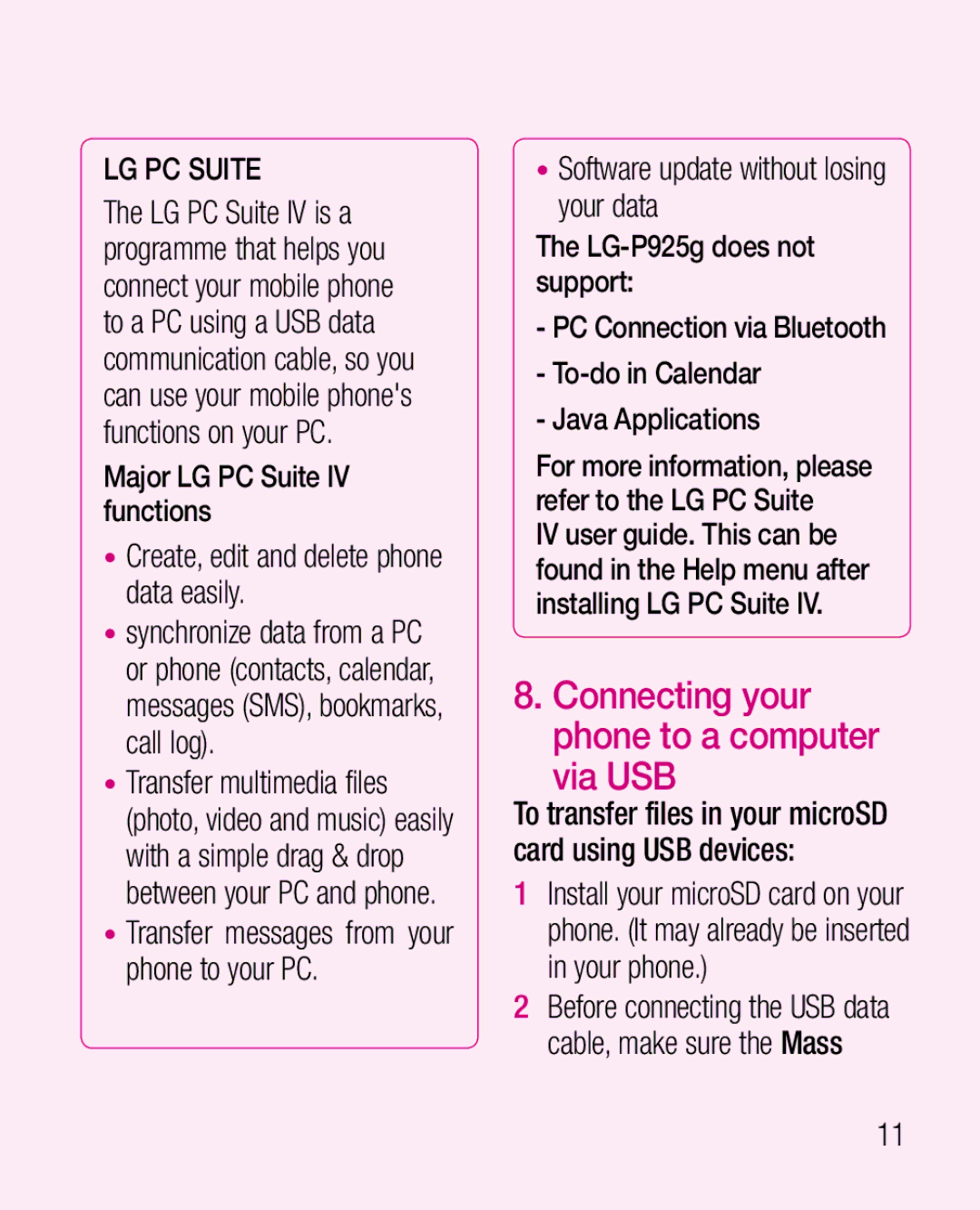 LG Electronics P925G manual Via USB, Connecting your phone to a computer, Major LG PC Suite IV functions 