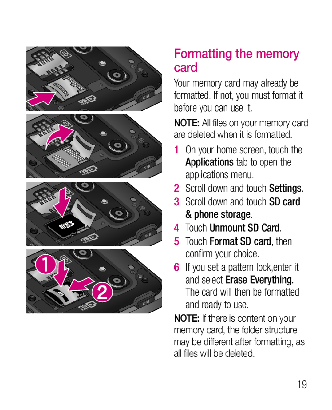 LG Electronics P925G manual Formatting the memory card, Touch Unmount SD Card 