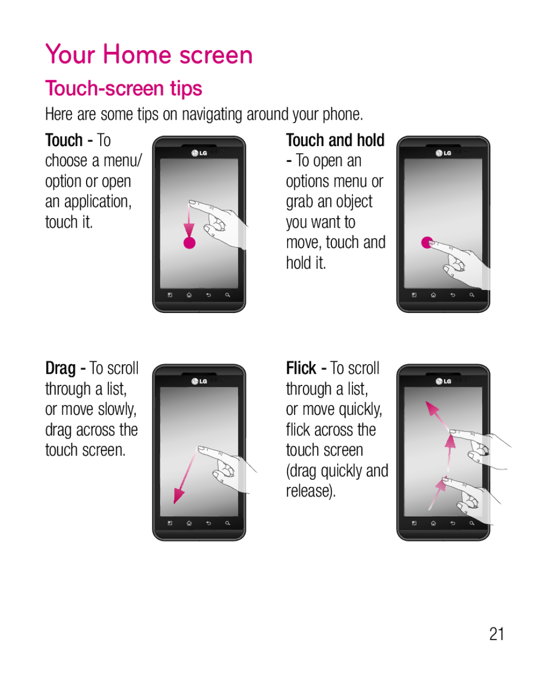 LG Electronics P925G manual Your Home screen, Touch-screen tips, Here are some tips on navigating around your phone 