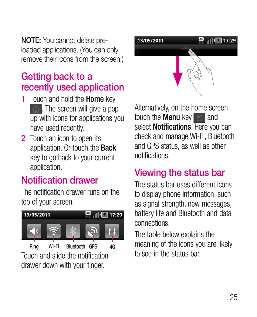 LG Electronics P925G manual Notification drawer, Viewing the status bar, Getting back to a recently used application 