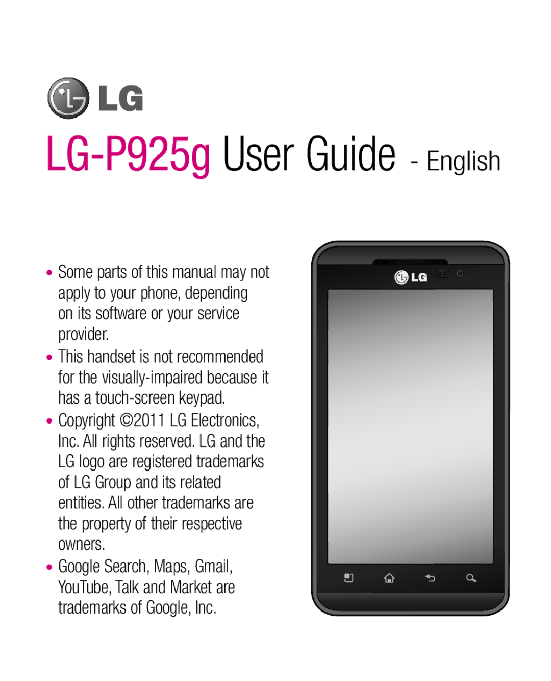 LG Electronics P925G manual LG-P925gUser Guide English, Google Search, Maps, Gmail 