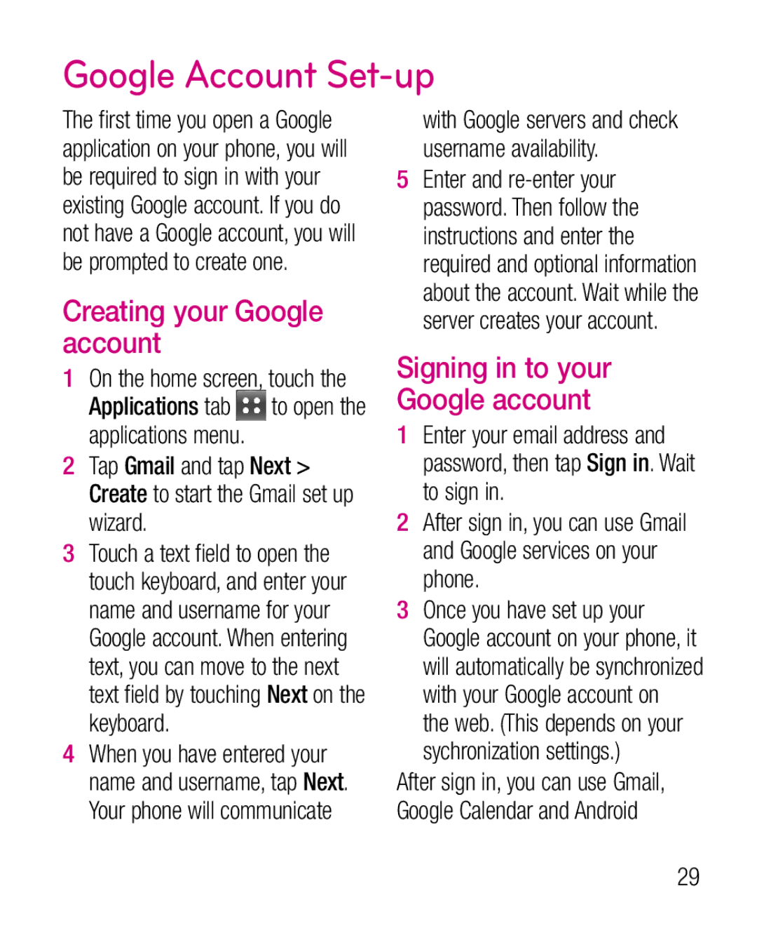 LG Electronics P925G manual Google Account Set-up, Creating your Google account, Signing in to your Google account 