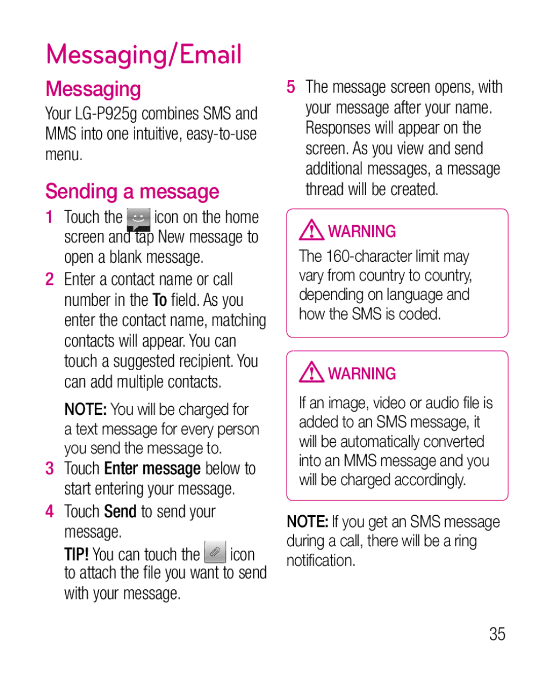 LG Electronics P925G manual Messaging/Email, Sending a message, Touch Send to send your message 