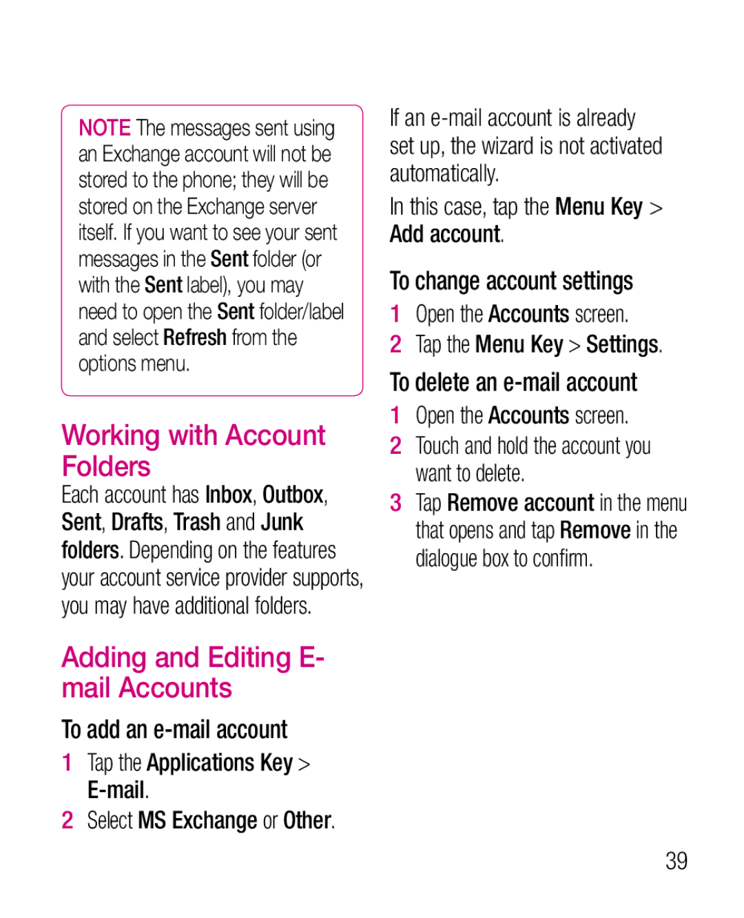 LG Electronics P925G manual Working with Account Folders, Adding and Editing E- mail Accounts 