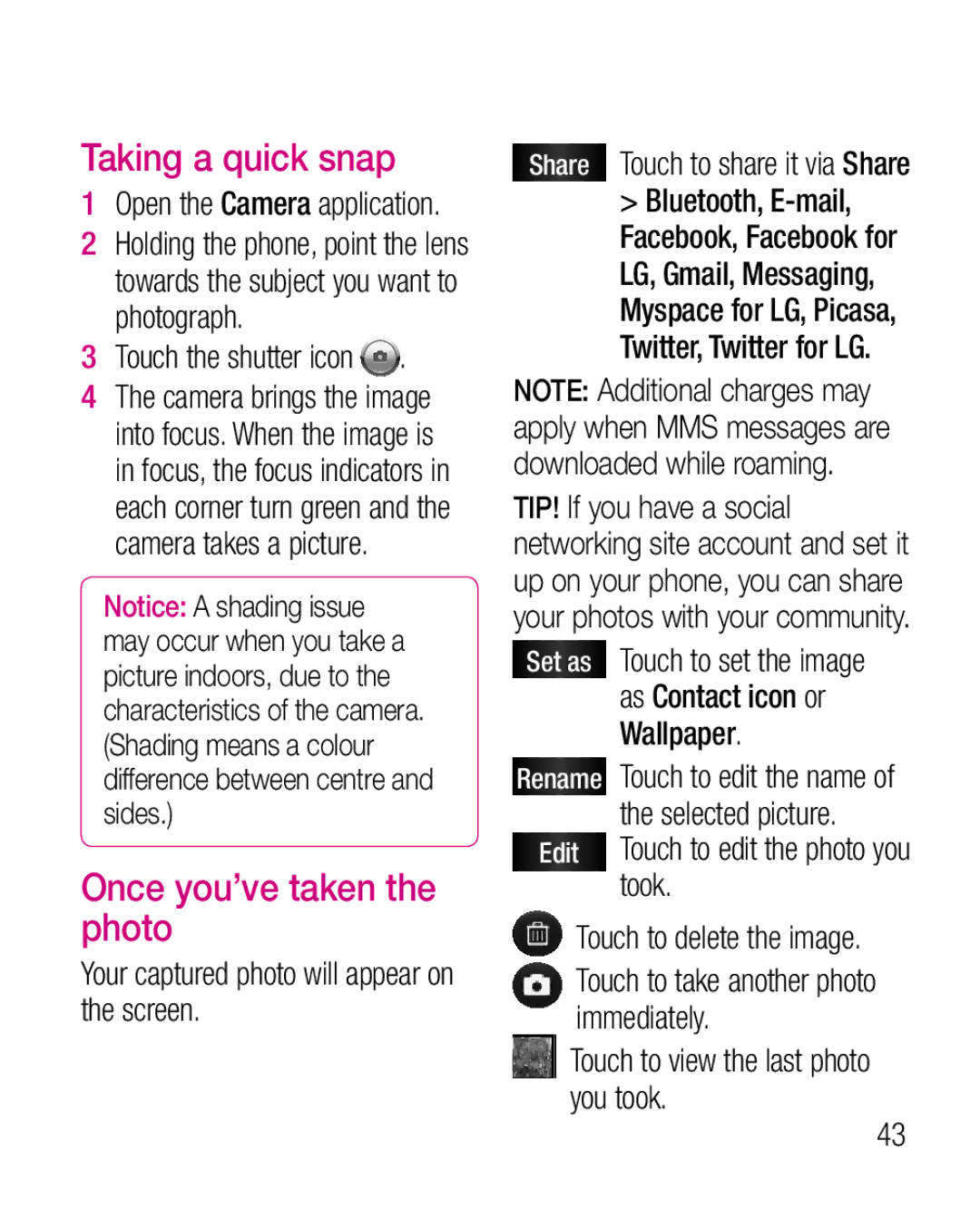 LG Electronics P925G manual Taking a quick snap, Once you’ve taken the photo, Touch the shutter icon 