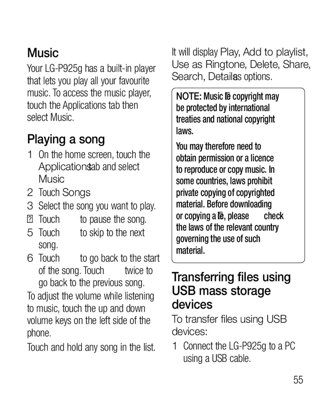 LG Electronics P925G manual Music, Playing a song, Transferring files using USB mass storage devices, Song Touch 