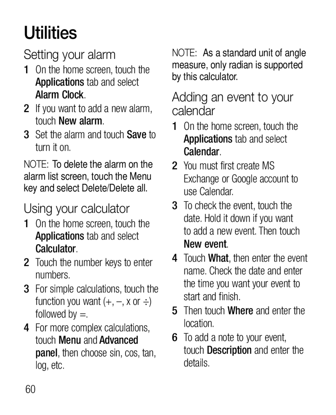 LG Electronics P925G manual Utilities, Setting your alarm, Using your calculator, Adding an event to your calendar 