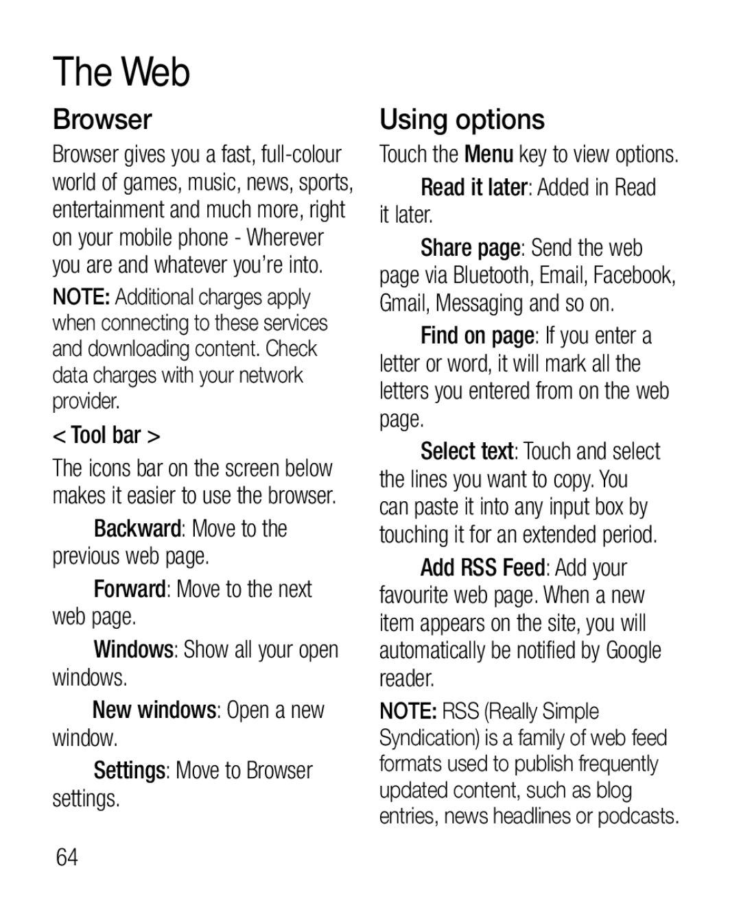 LG Electronics P925G manual Web, Browser, Using options, Tool bar, Read it later Added in Read it later 