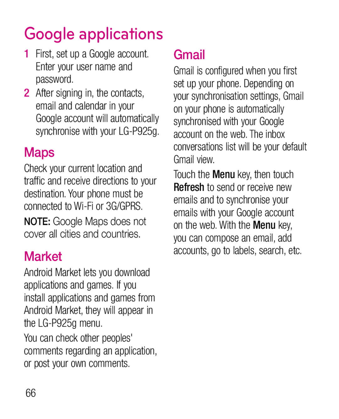 LG Electronics P925G manual Maps, Market, Gmail 