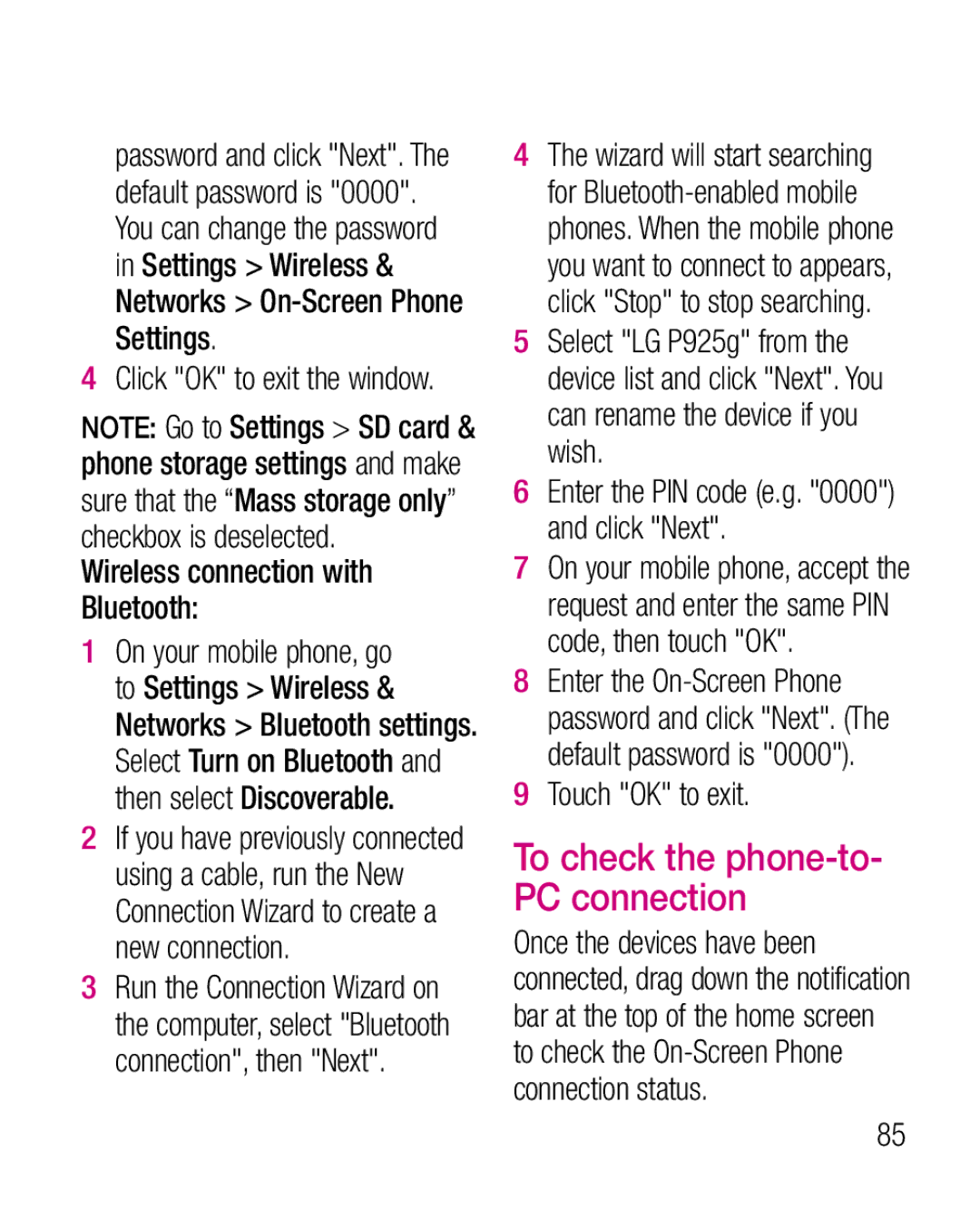 LG Electronics P925G manual Wireless connection with Bluetooth, Touch OK to exit, To check the phone-to- PC connection 