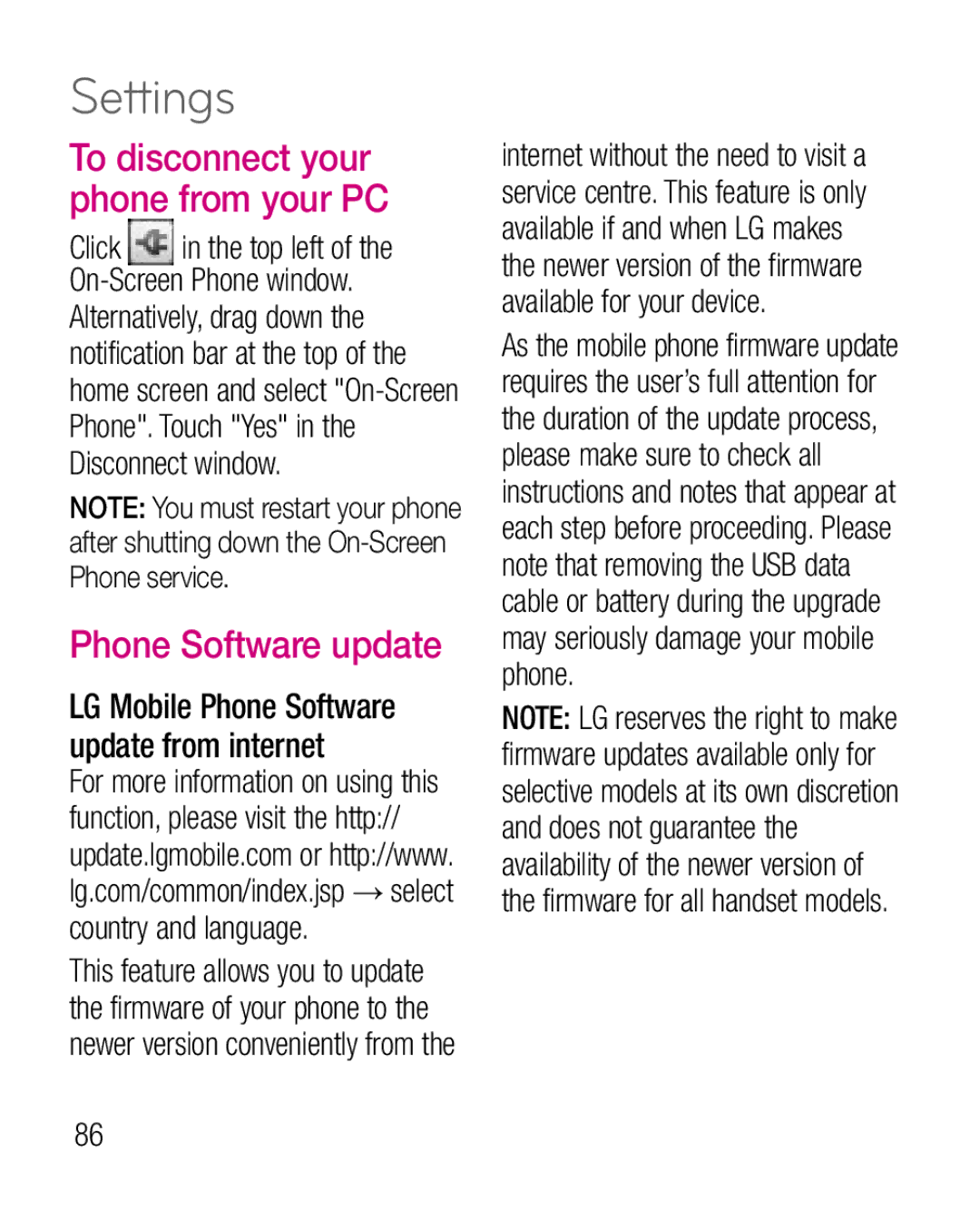 LG Electronics P925G manual Phone Software update, To disconnect your phone from your PC 