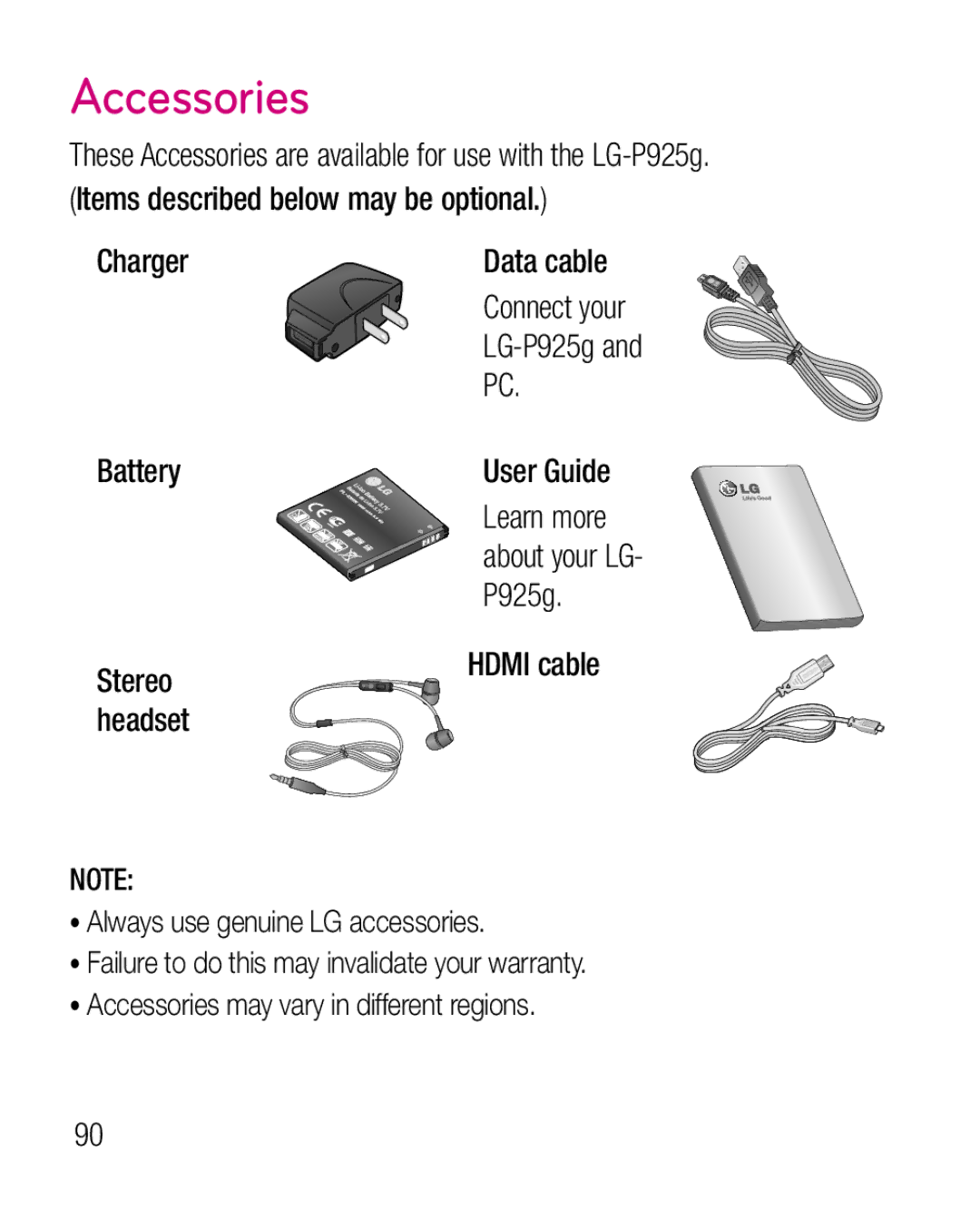 LG Electronics P925G manual Accessories, Connect your LG-P925g Battery, Learn more about your LG- P925g Stereo, Headset 