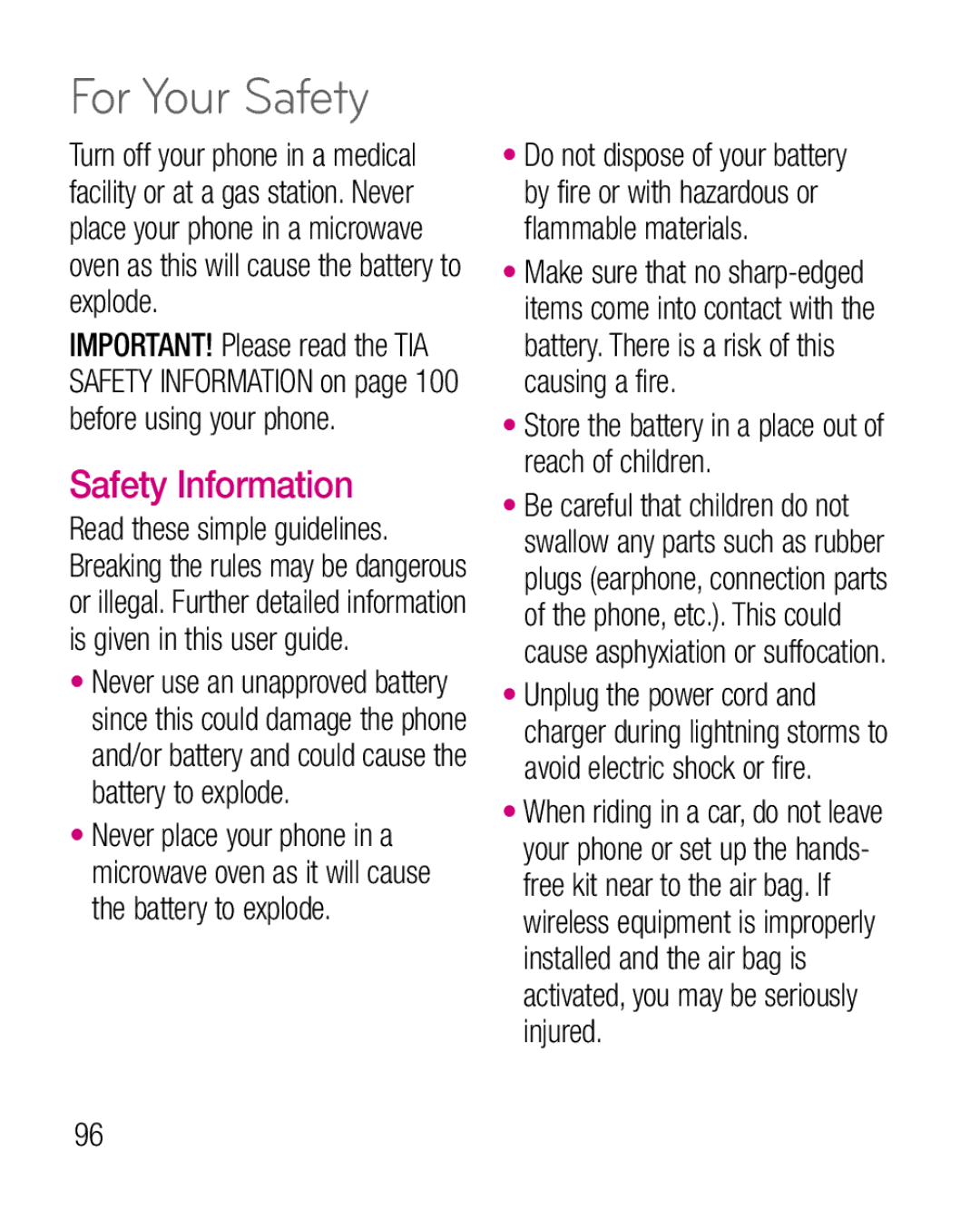 LG Electronics P925G manual For Your Safety, Safety Information, Store the battery in a place out of reach of children 