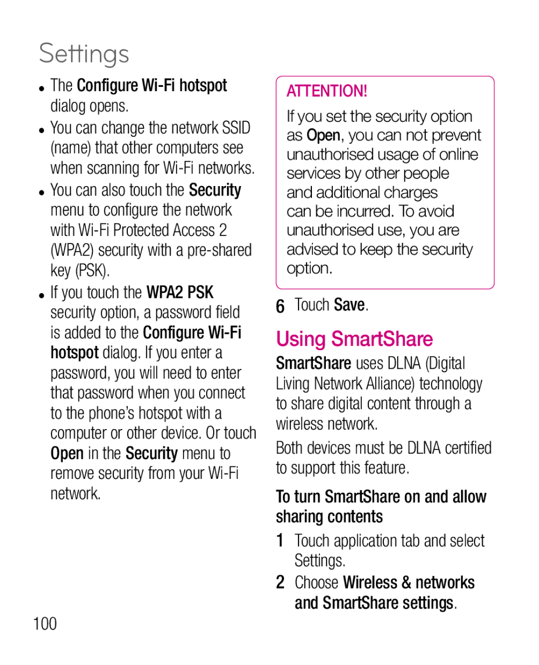 LG Electronics P970G manual Using SmartShare, Configure Wi-Fi hotspot dialog opens, Touch Save, 100 