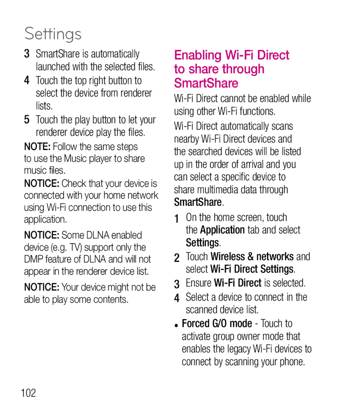 LG Electronics P970G Settings, 102, Ensure Wi-Fi Direct is selected, Select a device to connect in the scanned device list 