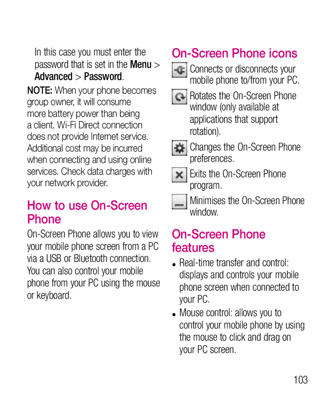 LG Electronics P970G manual How to use On-Screen Phone, On-Screen Phone icons, On-Screen Phone features, 103 