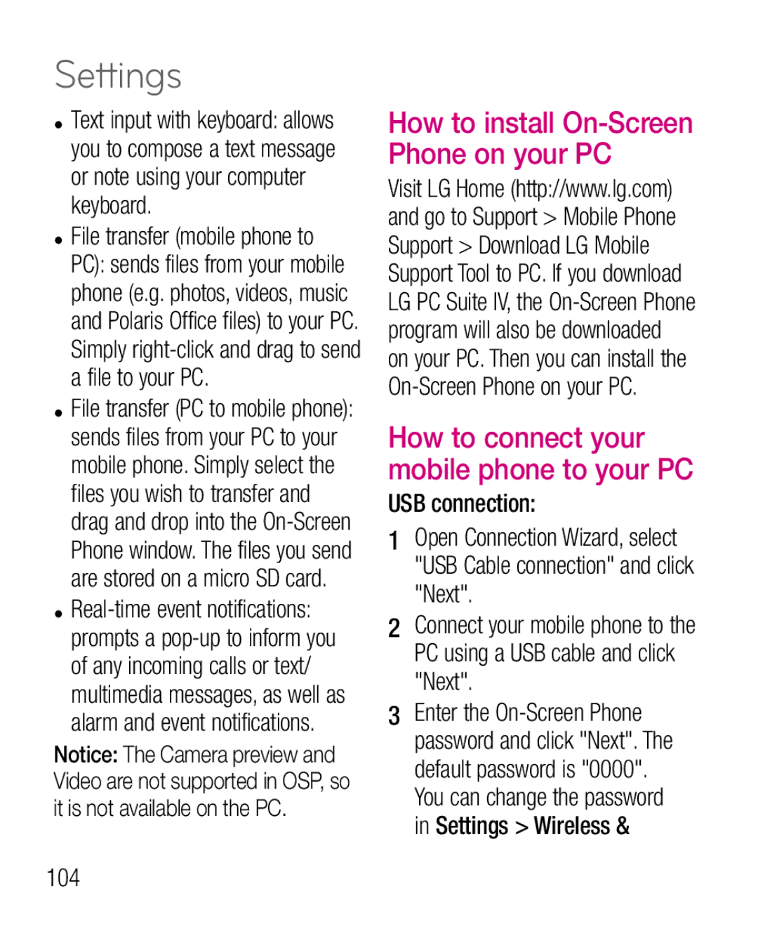 LG Electronics P970G manual USB connection, 104 