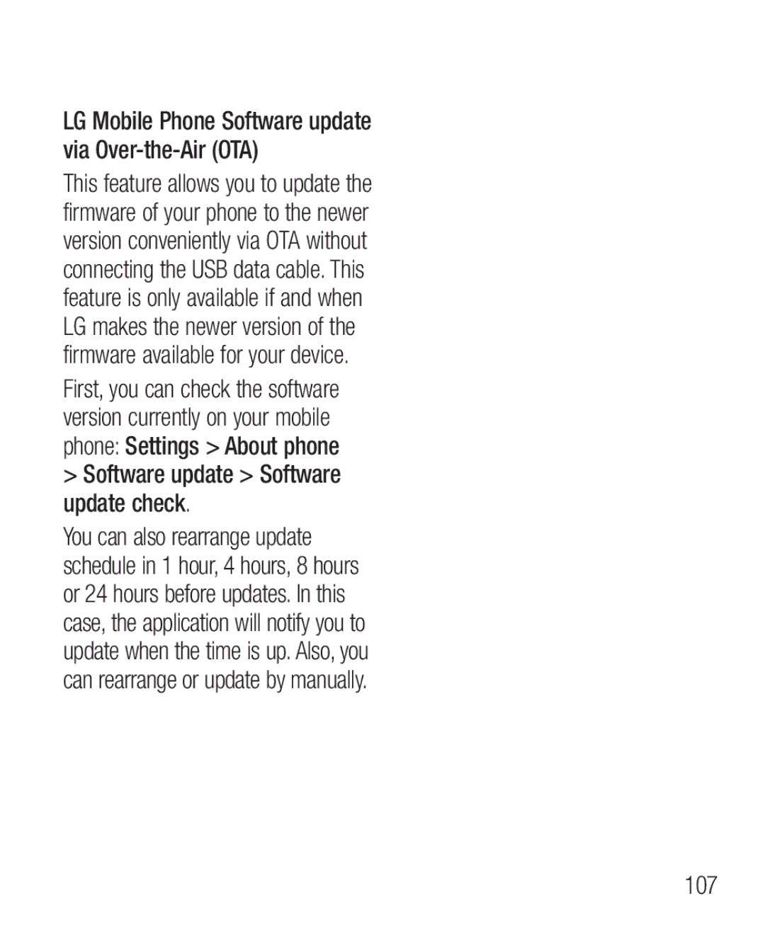 LG Electronics P970G Software update Software update check, 107, LG Mobile Phone Software update via Over-the-Air OTA 