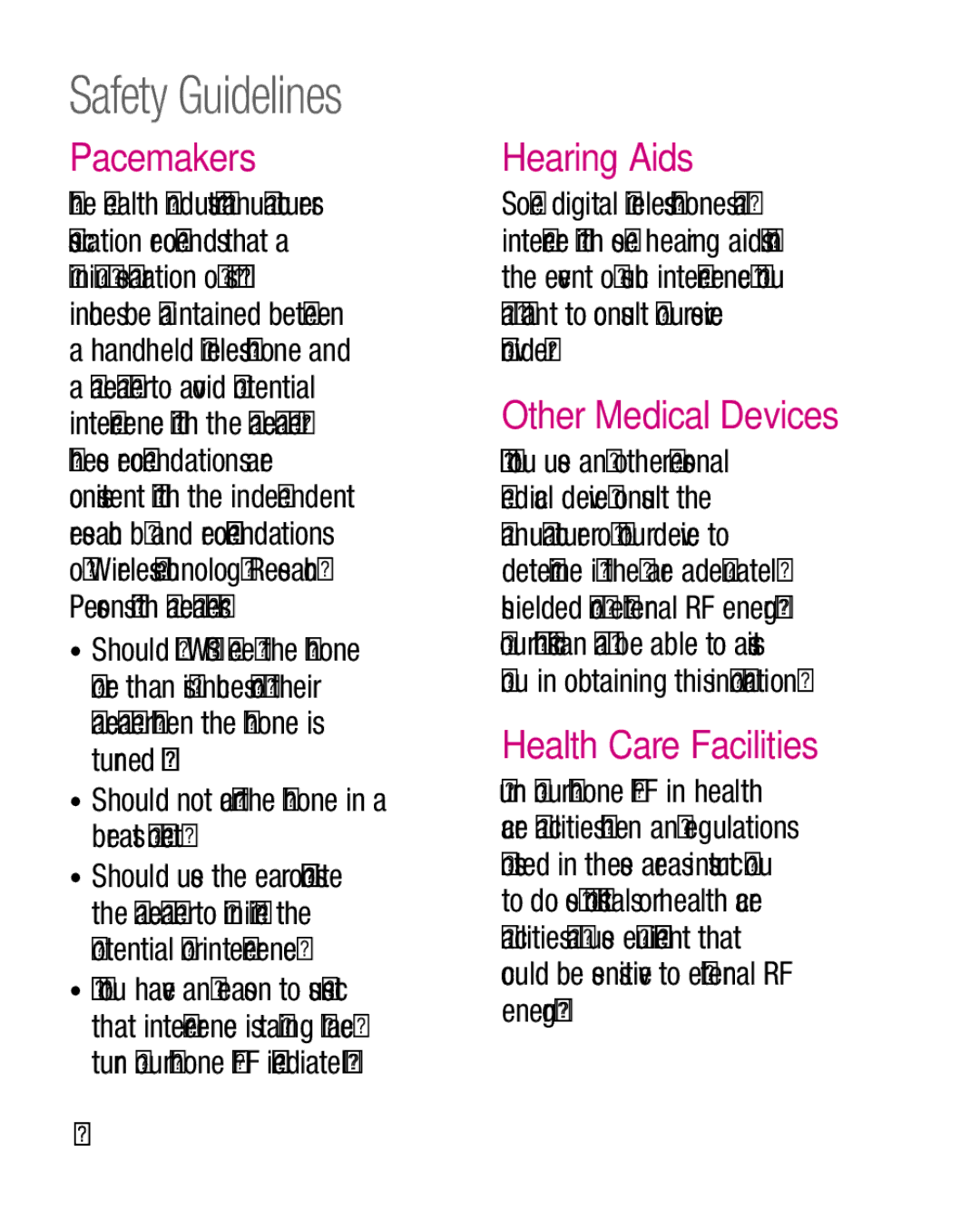 LG Electronics P970G manual Safety Guidelines, Pacemakers, Hearing Aids, Other Medical Devices, Health Care Facilities 