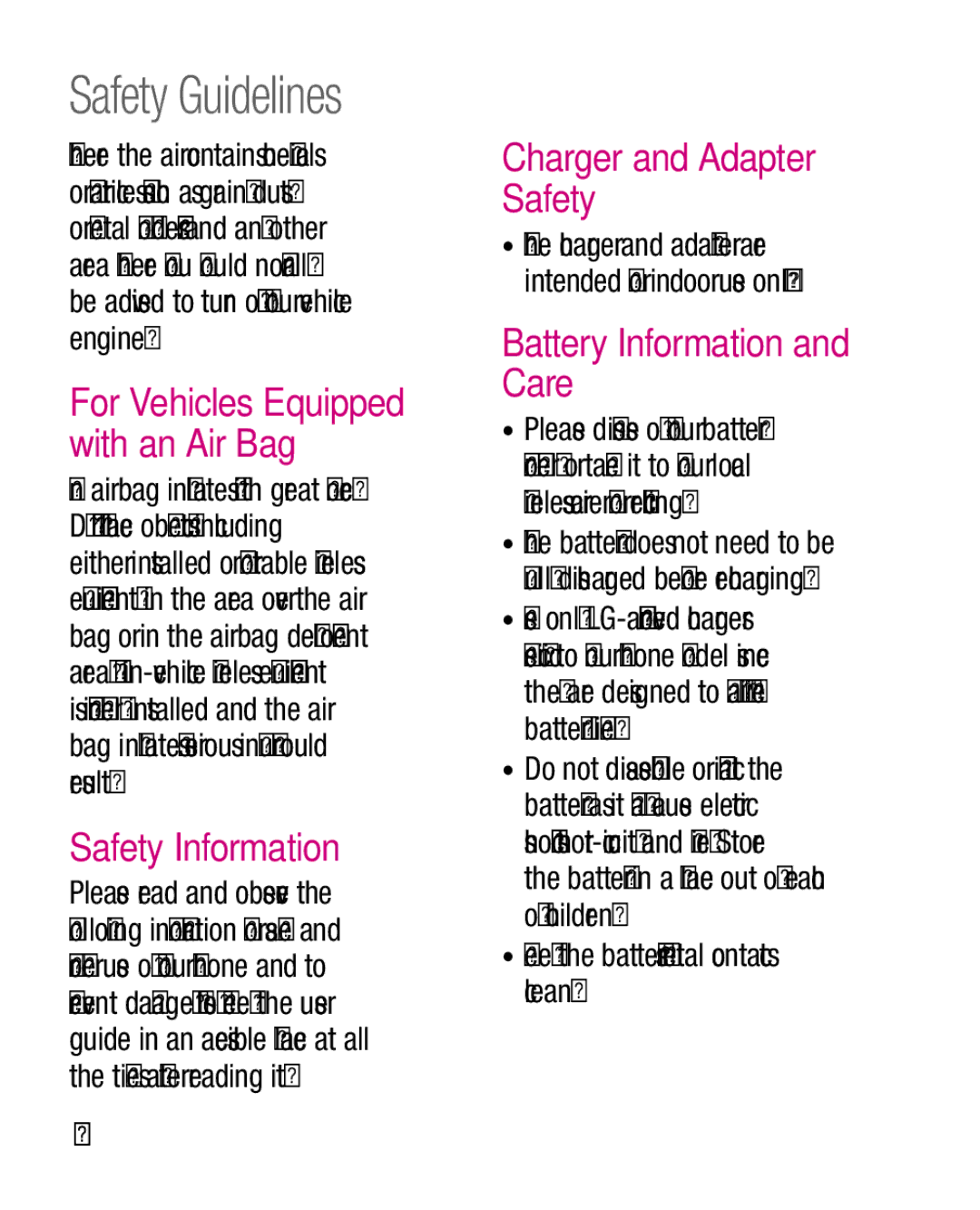 LG Electronics P970G manual Charger and Adapter Safety, Battery Information and Care, For Vehicles Equipped with an Air Bag 