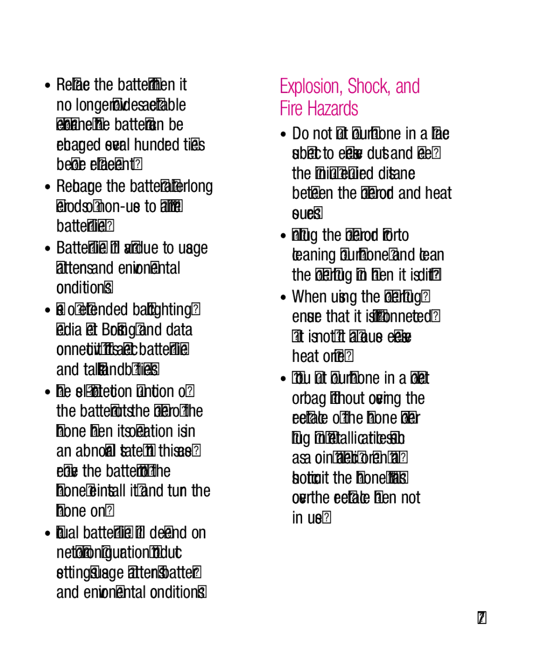 LG Electronics P970G manual Explosion, Shock, and Fire Hazards 