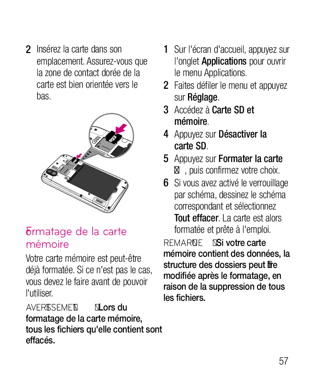 LG Electronics P970G Formatage de la carte mémoire, Appuyez sur Formater la carte, Appuyez sur Désactiver la carte SD 