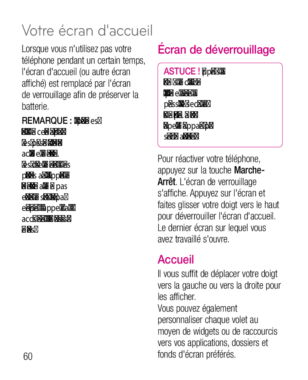 LG Electronics P970G manual Écran de déverrouillage, Accueil, Les afficher, Vous pouvez également, Fonds décran préférés 