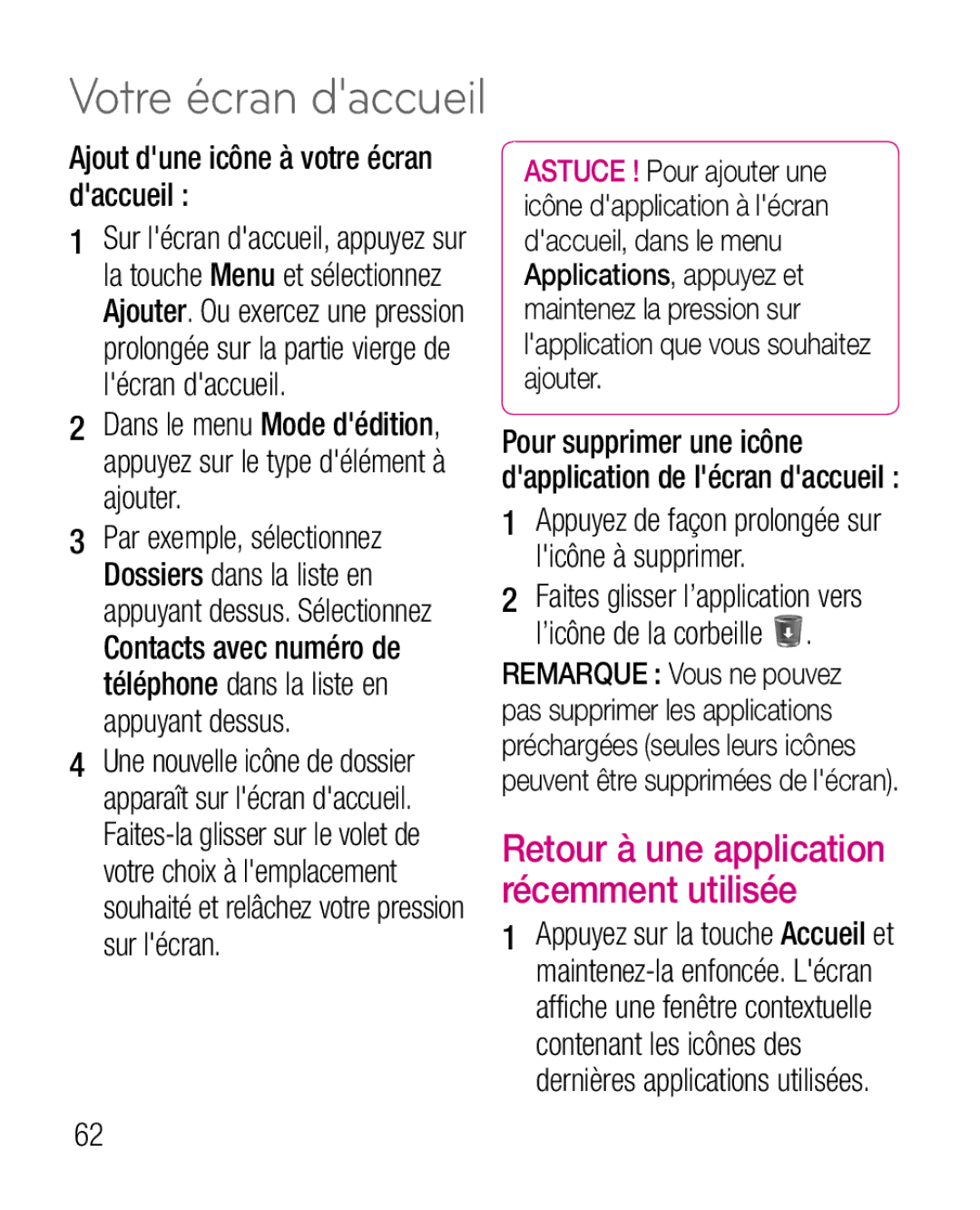 LG Electronics P970G manual Ajout dune icône à votre écran daccueil , Retour à une application récemment utilisée 