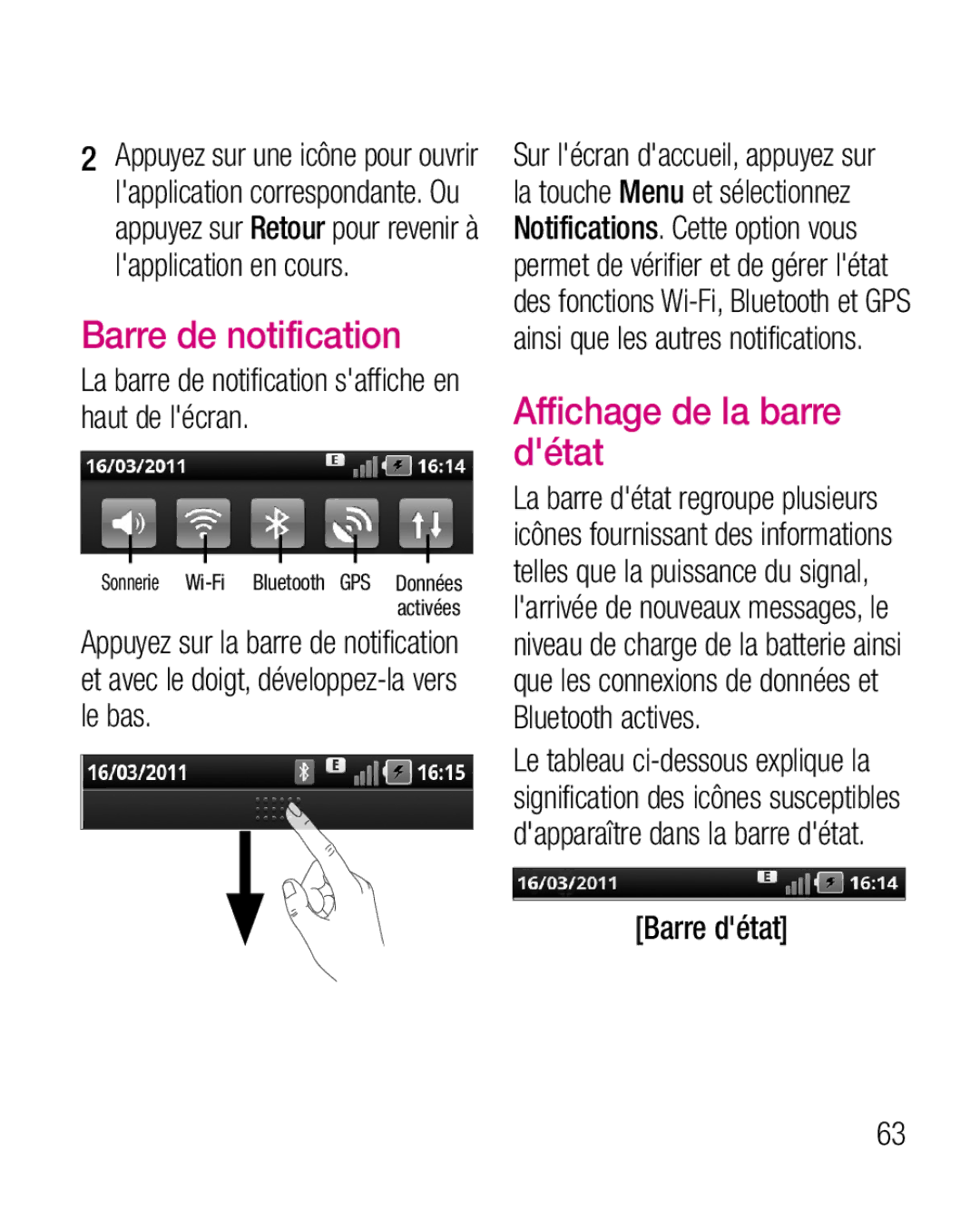 LG Electronics P970G manual Barre de notification, Affichage de la barre détat, Barre détat 