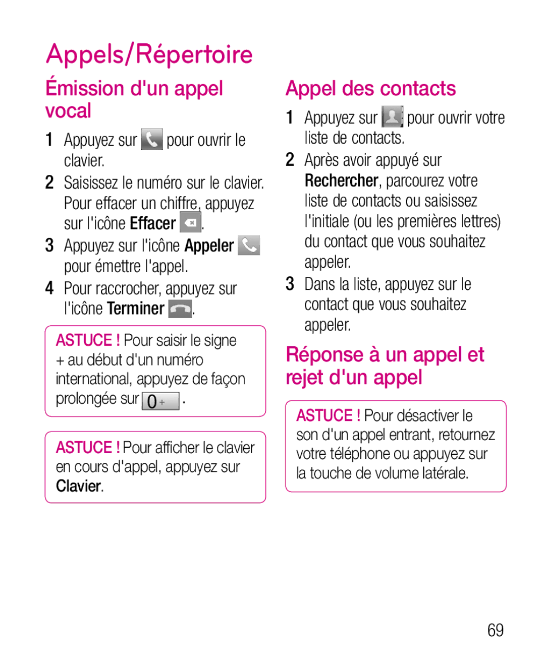 LG Electronics P970G manual Appels/Répertoire, Émission dun appel vocal, Appel des contacts 