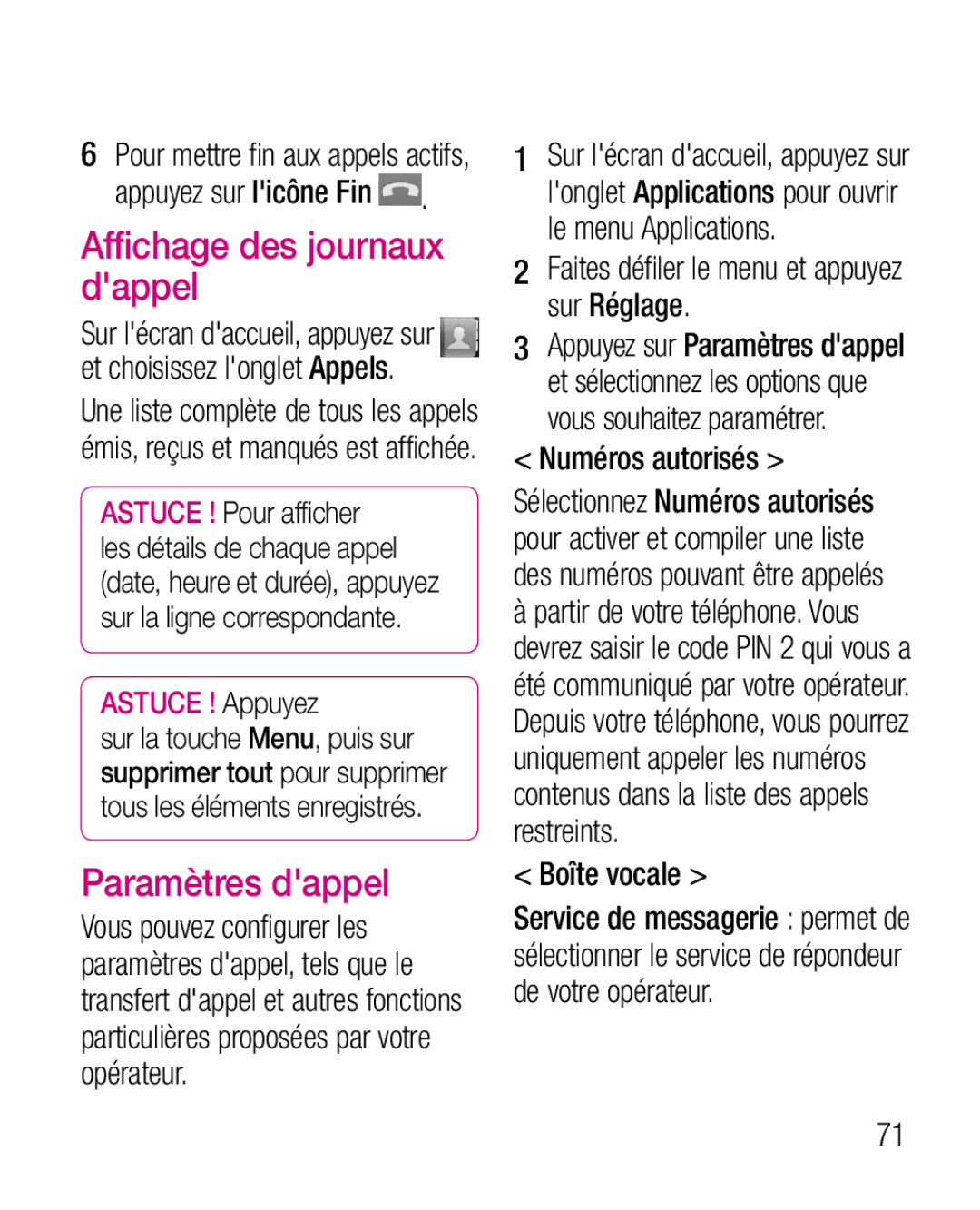 LG Electronics P970G manual Affichage des journaux dappel, Paramètres dappel, Faites défiler le menu et appuyez sur Réglage 