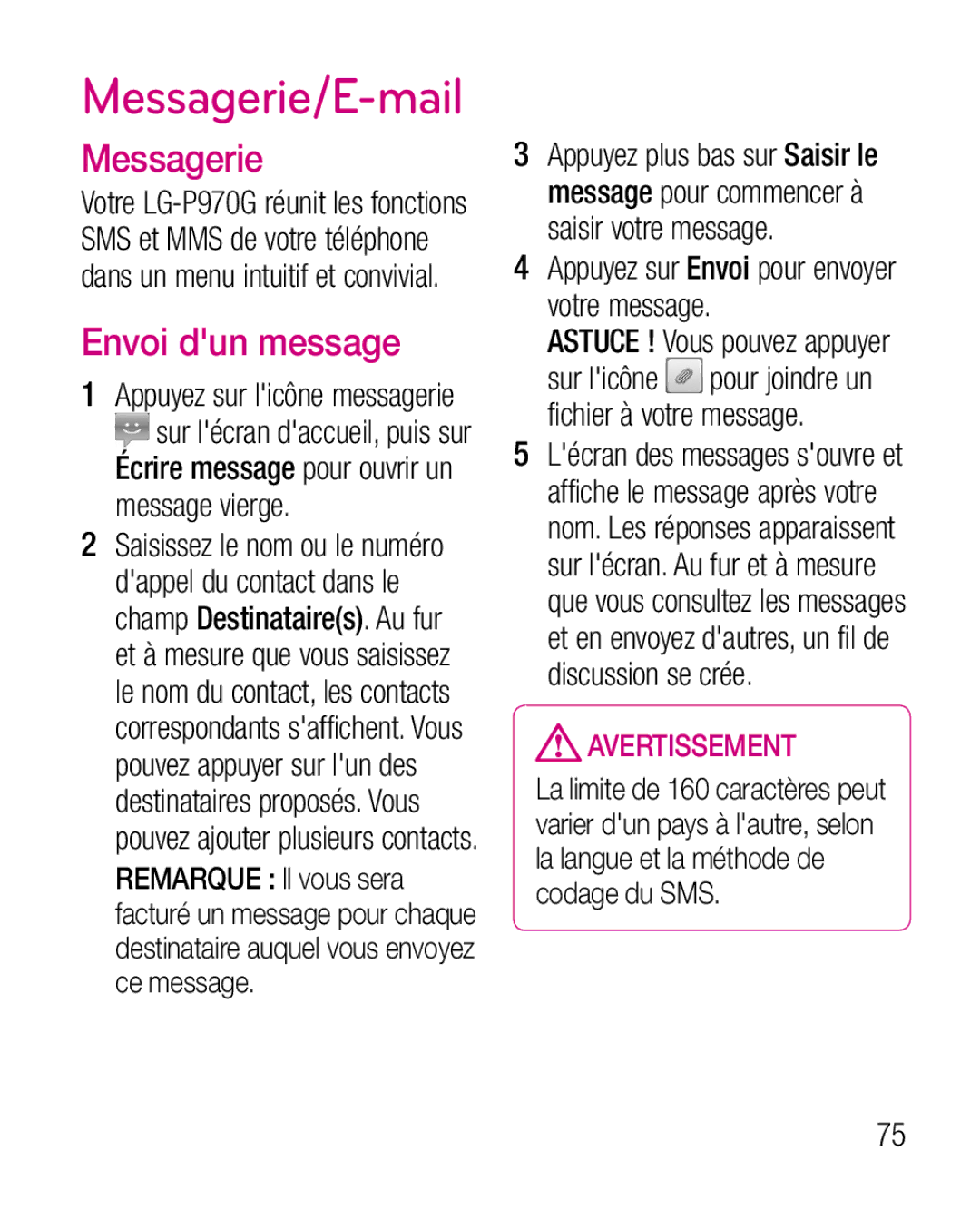 LG Electronics P970G manual Messagerie/E-mail, Envoi dun message, Appuyez sur Envoi pour envoyer votre message 