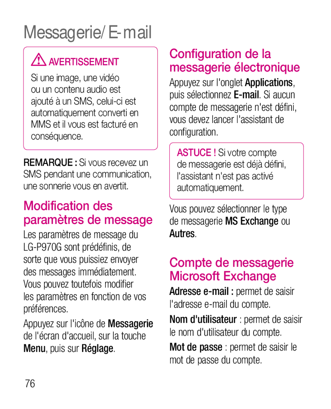 LG Electronics P970G Messagerie/E-mail, Modification des paramètres de message, Compte de messagerie Microsoft Exchange 