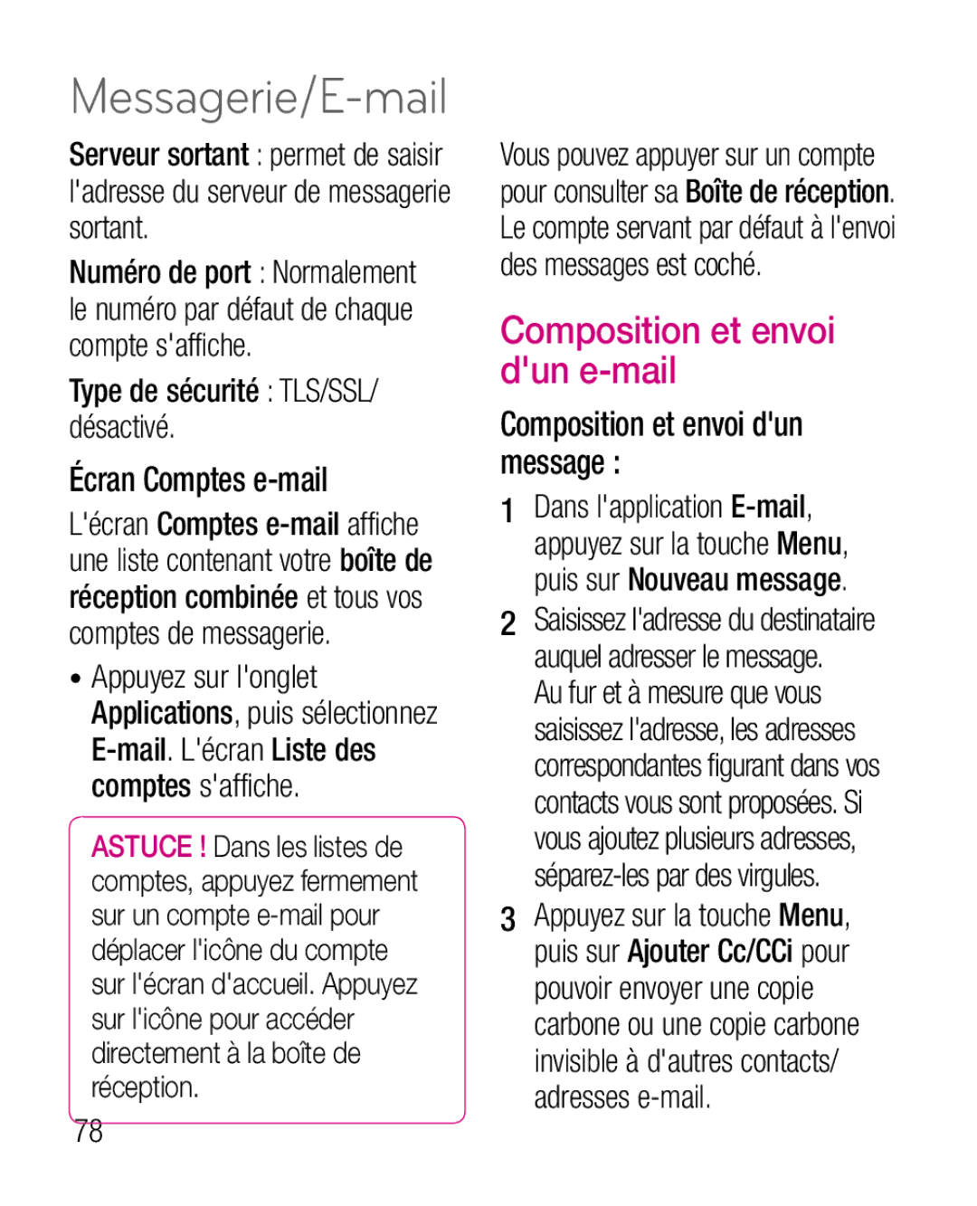 LG Electronics P970G manual Composition et envoi dun e-mail, Type de sécurité TLS/SSL/ désactivé Écran Comptes e-mail 