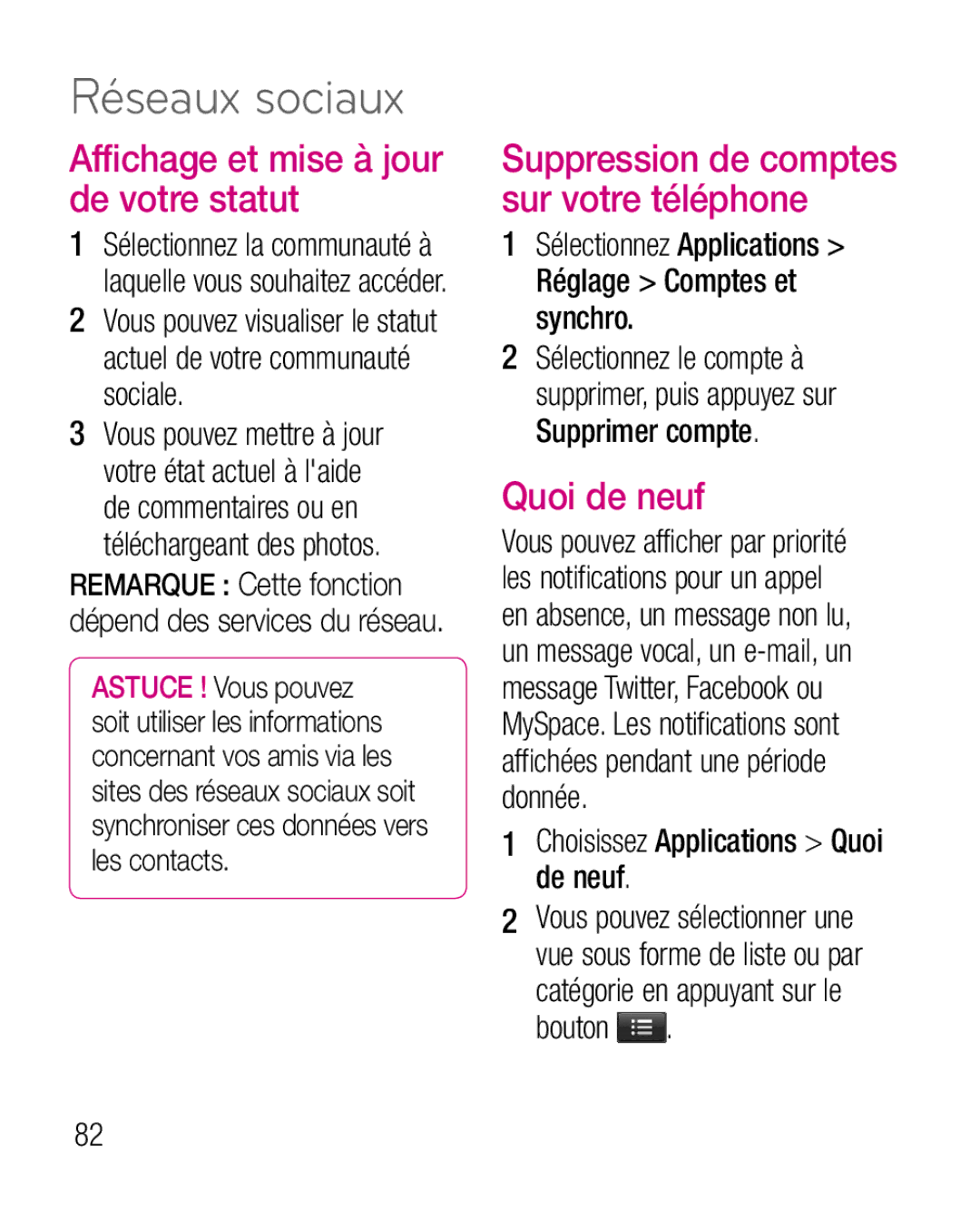 LG Electronics P970G manual Réseaux sociaux, Affichage et mise à jour de votre statut, Quoi de neuf, Supprimer compte 