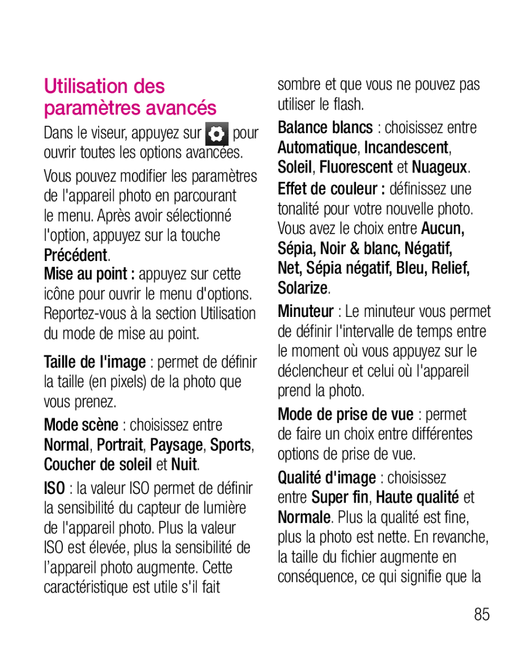 LG Electronics P970G manual Utilisation des paramètres avancés, Sombre et que vous ne pouvez pas utiliser le flash 