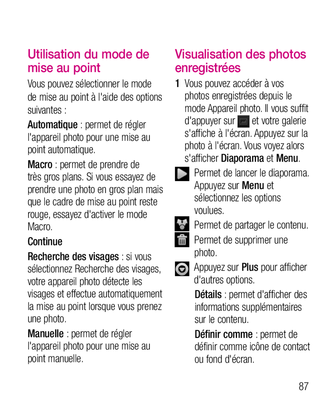 LG Electronics P970G manual Utilisation du mode de mise au point, Visualisation des photos enregistrées, Continue 