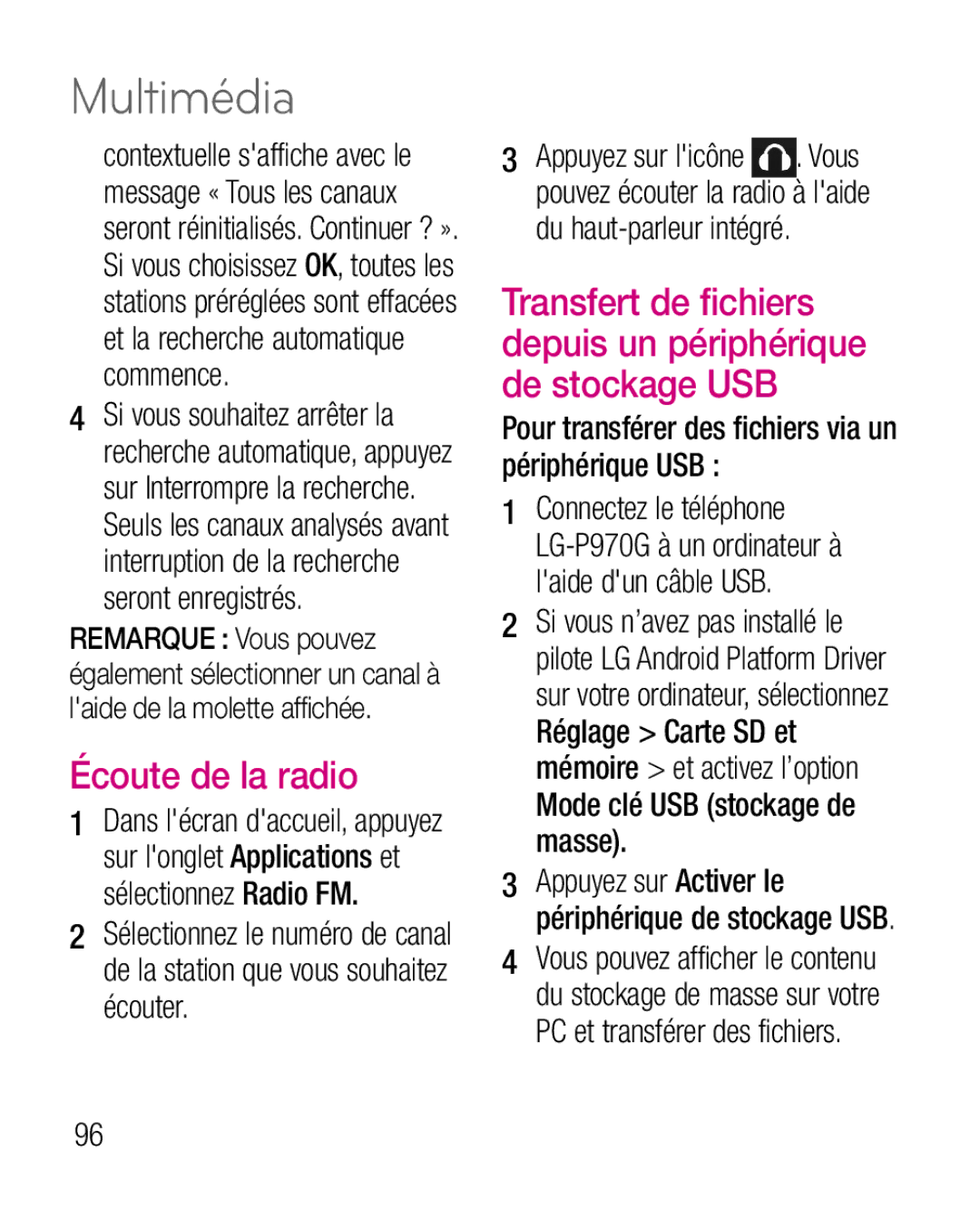 LG Electronics P970G manual Écoute de la radio, Mode clé USB stockage de masse 