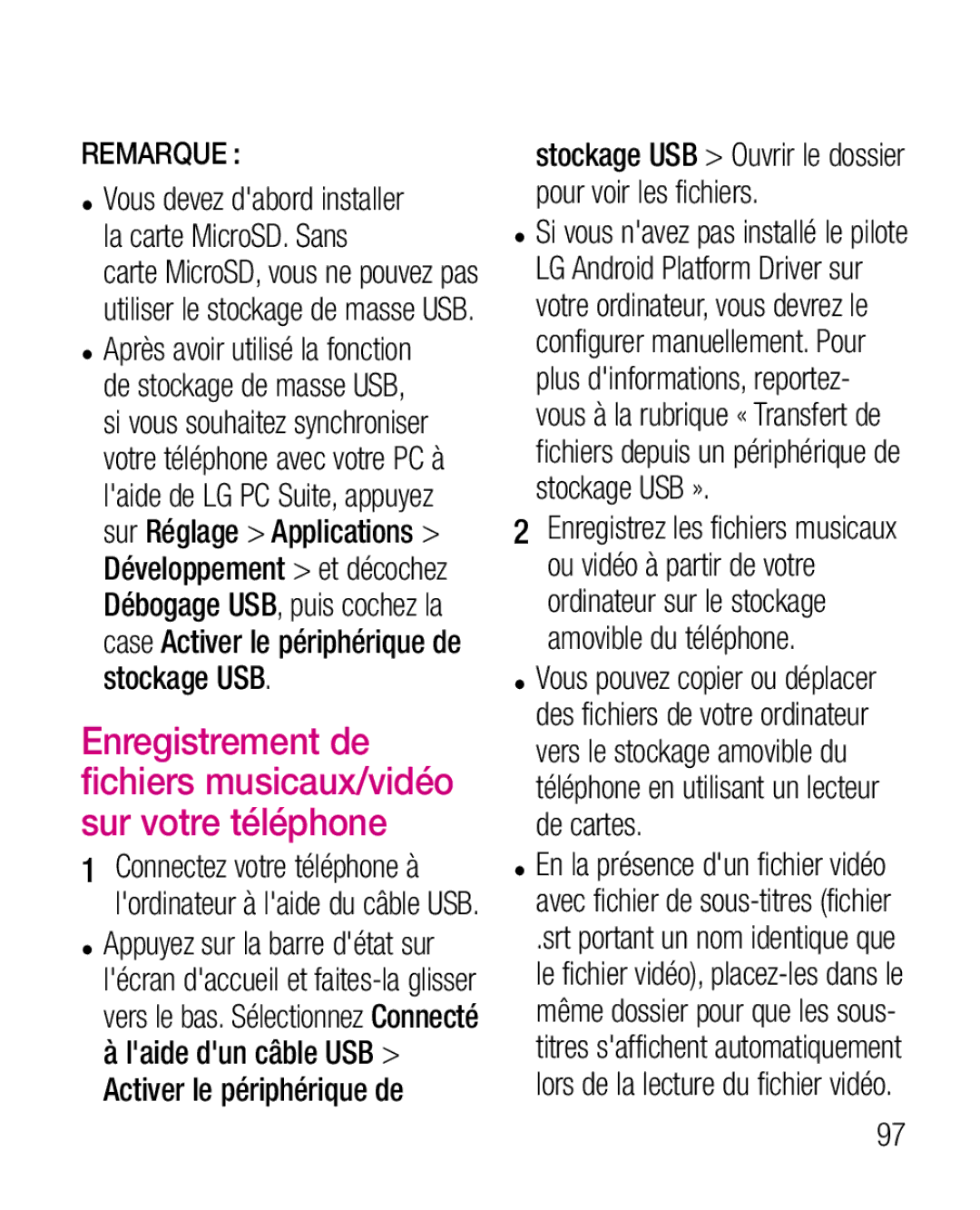 LG Electronics P970G manual Stockage USB Ouvrir le dossier pour voir les fichiers 