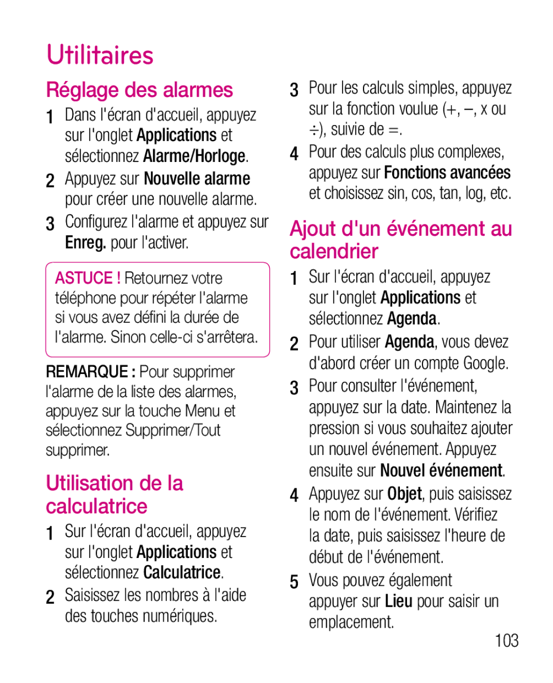 LG Electronics P970G Utilitaires, Réglage des alarmes, Utilisation de la calculatrice, Ajout dun événement au calendrier 