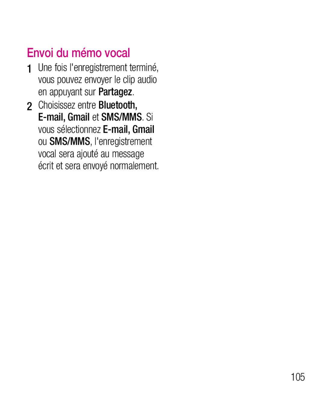 LG Electronics P970G manual Envoi du mémo vocal, 105 