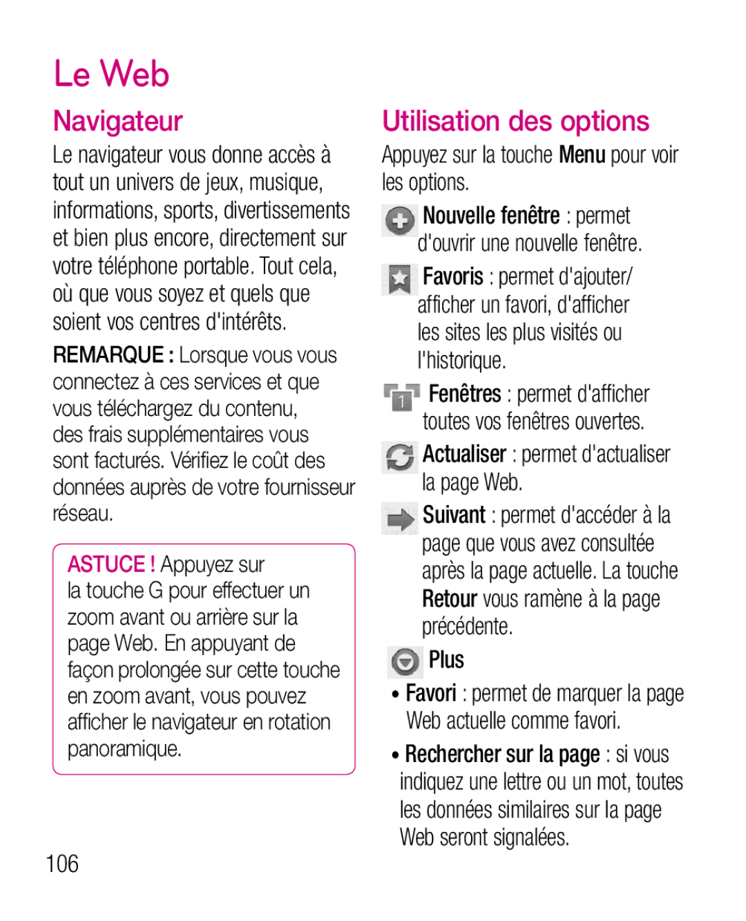 LG Electronics P970G Le Web, Navigateur, Utilisation des options, Appuyez sur la touche Menu pour voir les options, Plus 