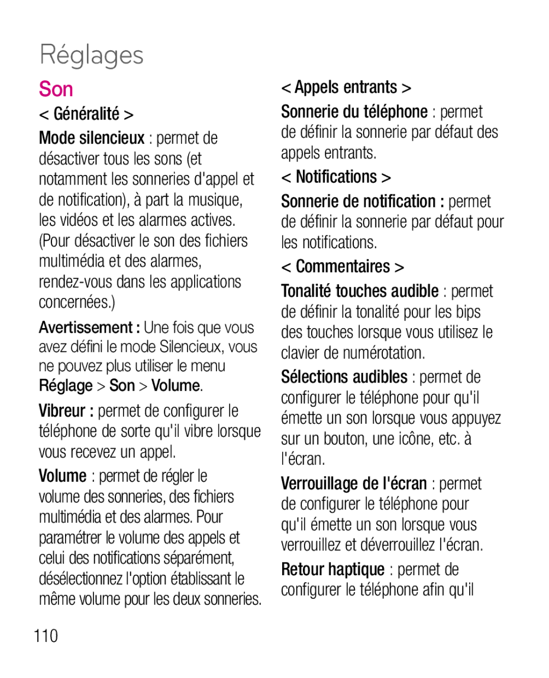 LG Electronics P970G manual Réglages, Son, Généralité, Appels entrants, Commentaires 