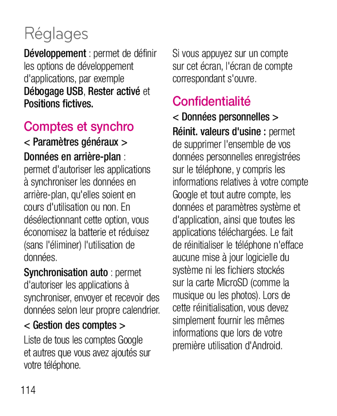 LG Electronics P970G manual Comptes et synchro, Confidentialité 