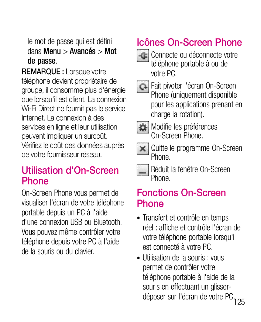 LG Electronics P970G manual Utilisation dOn-Screen Phone, Icônes On-Screen Phone, Fonctions On-Screen Phone 