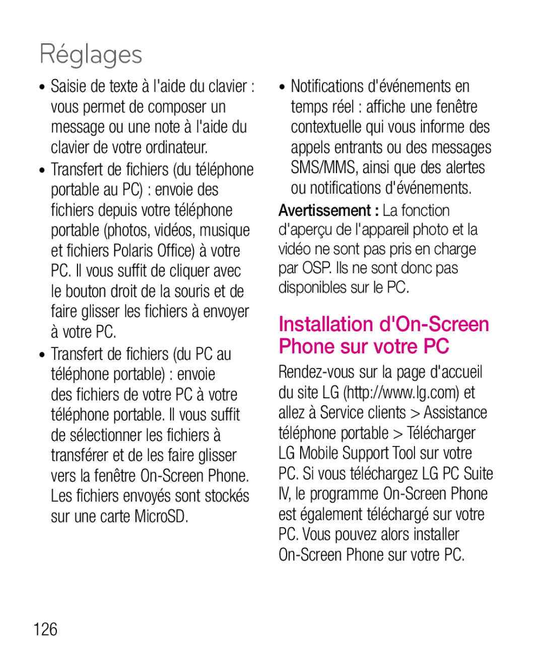 LG Electronics P970G manual Installation dOn-Screen Phone sur votre PC, 126 