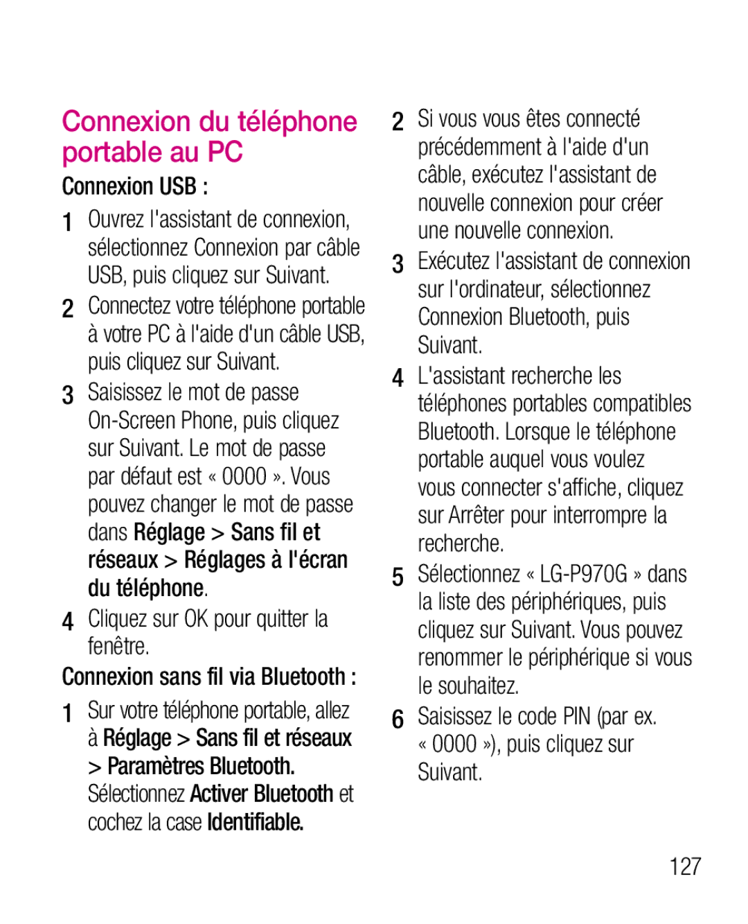 LG Electronics P970G Connexion du téléphone portable au PC, Connexion USB , Cliquez sur OK pour quitter la fenêtre, 127 